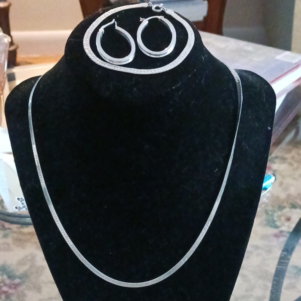 Silver Hoop Earrings Necklace Bracelet Jewelry Set